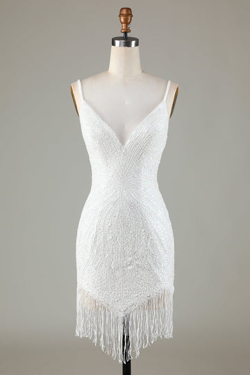 Sparkly Bodycon Spaghetti Straps White Sequin Short Ball Dress